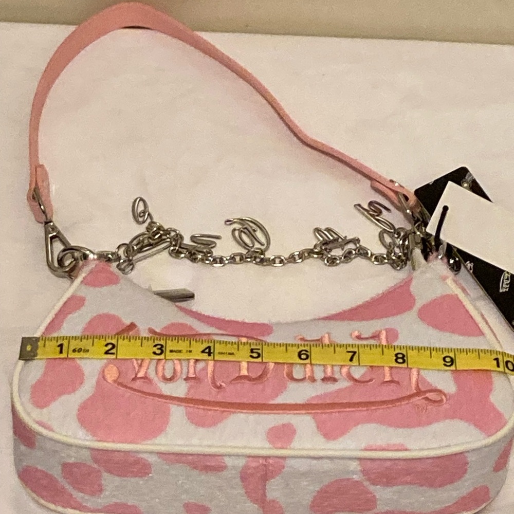 Von Dutch Vegan Pony Hair Pink Cow Print Shoulder Bag W/Charms - Picture 11 of 11